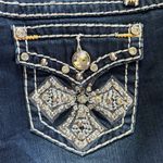 LA Idol Dark Wash Raw Hem Mid Rise Denim Shorts Bling Rhinestone Cross Size M Blue Size M Photo 9
