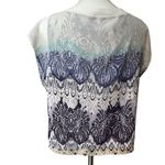 CAbi Style #238 White Top Blue Lace Print Chiffon Tie Neck Shell Shirt Blouse Photo 3