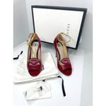 Gucci  Molina Embroidered Lips T-Strap Red/Gold Leather Pumps 37.5 Photo 4
