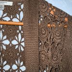 Dress Barn Brown Floral Crochet Retro Boho Open Front Sweater Long Cardigan XS Photo 3