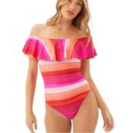 Trina Turk Trina‎ Turk Solstice Off The Shoulder Ruffle One Piece Swimsuit Pink Stripe 10 Photo 2