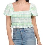 ZARA  Neon Green Plaid Elastic Smocked Ruffle Crop Top Blouse Size Small Photo 0