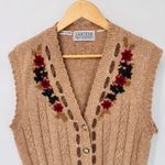 Vintage Jantzen Granny Sweater‎ Vest Womens L Tan Cable Knit Embroidered Floral Brown Size L Photo 1