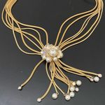 Vintage Unsigned Vendome Multistrand Faux Pearl Gold Mesh Chain Tassel Necklace Photo 6