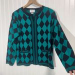 Adolfo Vintage  Green Black Cardigan L Harlequin‎ Diamond Sweater Zip Front Wool Photo 1