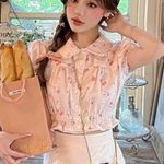 Japanese Kawaii Pastel Pink Floral Ruffle Princess Sleeves Lace Crop Top Blouse Size XS Photo 0