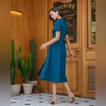Rihoas Blue V Neck Pleated Button Midi Dress Photo 9