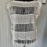 POL Callahan Anthropology Knit Top M/L Cream Ivory Crochet Fringe Boho Boxy Photo 7