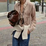 ZARA Striped Embroidered Beaded Shirt S Brown / Ecru Photo 0