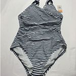 Kona Sol Shirred Macrame Strap Striped One Piece Swimsuit, Blue White XL NWOT Photo 1