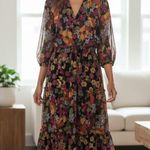 Anthropologie Fig & Flower Floral Midi Dress Black Sheer 3/4 Sleeve Women’s Med Photo 0
