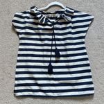 Ann Mashburn  Linen Cotton Top Size XS Navy Blue White Ruffle Tie Blouse Cap Photo 7