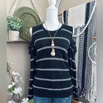 Jack by BB Dakota  Black/White Striped Cozy Ruffle Cold Shoulder Sweater Photo 3