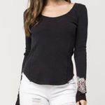 Free People Black Bandana Cuff Crochet Sleeve Scoop Neck Waffle Knit Thermal Top Photo 0
