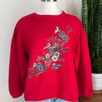 Vintage‎ Red Floral Bird Sweatshirt Cozy Fall Grandma Core Pullover XL Photo 0