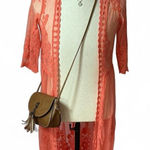Cedar Rose Coral Lace Kimono Duster Open Front Cardigan Bohemian Velvet burnout Orange Photo 0