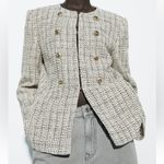 ZARA  New Women Luxury Ecru Black Fitted Textured Round Collar Blazer Size L Photo 4