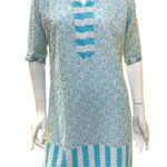 Kaira Split Neck Embroidered Floral Turquoise White Tunic Kurata XL Blue Photo 5