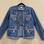 J Jill Floral Embroidered Denim Open Front Jacket Women’s Sz S Boho Hippie EUC Blue Photo 1