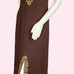 Vintage Embroidered Dress 1960s Sleeveless Skirt Slit Brown Gold Detail Photo 0