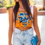 Angel Biba  mustard yellow crop top blue embroidered flower size Large woman’s Photo 0