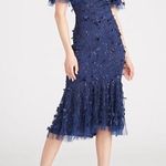 Theia Gretchen Appliqué Sequin Cocktail Dress Navy NWT Size 4 Floral Midi Dress Blue Photo 0