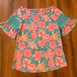 Simply Southern  Top NWT Medium Pink, Turquoise, white Flutter Sleeve  Crochet Photo 0