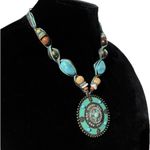 Lucky Brand Turquoise and Brown Beaded teal round pendant Necklace 25” Photo 1