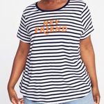 Old Navy Navy Blue and White Stripe Hey Friend Short Sleeve Graphic Shirt Photo 0