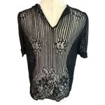 Haute Monde Blouse Womens M Sheer Floral Embossed Sleeve Fray Hem Black Whimsey Photo 4