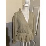 EXPRESS  Womens Long Sleeve V Neck Wrap Peplum Top Beige Size Medium Photo 1