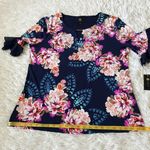 JM Collection  Women’s NAVY PINK ORANGE BEADED FLORAL Short sleeve top Large Photo 6
