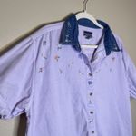 Women's Button Up Novelty Ditsy Floral Embroidered Contrast Denim Collar Cottage Purple Size undefined Photo 3