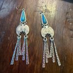 Boho Turquoise Drop Earrings – Silver Hammered Fringe Statement Jewelry Photo 3
