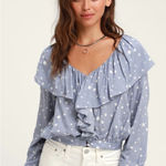 NWT Lulus West End Blue Polka Dot Ruffled Long Sleeve Top Blouse Shirt Size S Photo 0