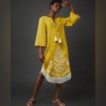 Cara Cara Molly Caftan Yellow Linen Dress White Embroidered Fringed Hem Size XS‎ Photo 9