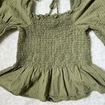 Topshop  Green Shirred Long Sleeve Peplum Hem Blouse Photo 5