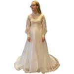 Vintage 1960s Lace Illusion High Neck Bridal Wedding Gown w/ Train XS White Photo 5