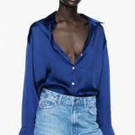 ZARA  Satin Effect V Neck Button Down Shirt Navy Blue sz Small Photo 0