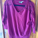 LC Lauren Conrad Lauren Conrad V Neck Lace Shoulder Sweater Berry Red 3/4 Sleeve Women's XS Photo 0