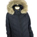 Talbots Down Puffer Coat in navy with fur trimmed hood size medium Photo 2