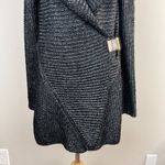 Cache  Cardigan Sweater Medium Black Silver Metallic Knit Belted Shawl Collar New Photo 2