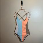 PilyQ  Farrah Sandstone‎ Colorblock Stripe Halter One Piece Swimsuit Photo 1