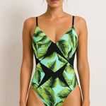 Sun & Sea Tropical Leaf Print Cut Out One Piece Swimsuit Size 10 Blue Photo 0