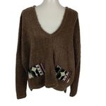 Altar'd State Altar’d State Cozy Boho Brown Fuzzy Knit Sweater Aztec Pockets V Neck Pullover S Photo 1