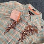 Roar Women's Embroidered Blue Orange Button Up Plaid Western Shirt – Size Medium Photo 0