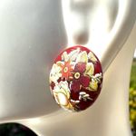 Vintage ceramic Red Cream Floral art deco Earrings Photo 4