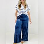 Zenana Outfitters Velvet Navy High Rise Stretchy Pull On Wide Leg Pants Raw Hem 3X New Photo 3