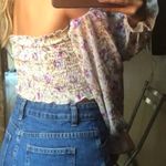 Off shoulder ruched tube bustier floral paisley crop top blouse with long sleeves (Size S) Multi Photo 1