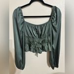 Mixed Threads Tie Front Square Neck Hunter Green Peasant Crop Blouse Size M Photo 8